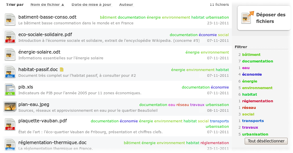 une liste de fichiers dans la gestion électronique documentaire