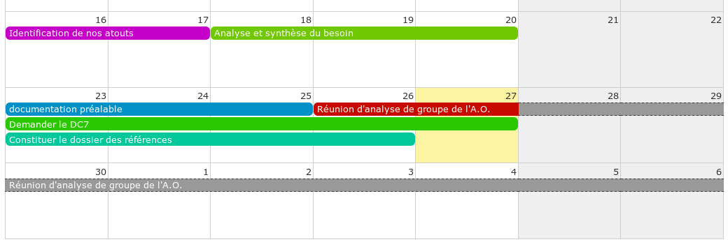 Les vacances apparaissent en gris sur le calendrier du projet.