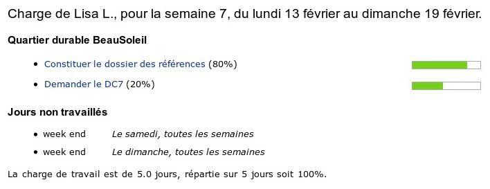 Détail des missions d’un collaborateur pour une semaine précise, réparties par projet, avec taux de contribution à la charge totale et indicateur d’avancement.