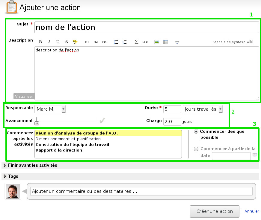 Page de création d’une nouvelle action